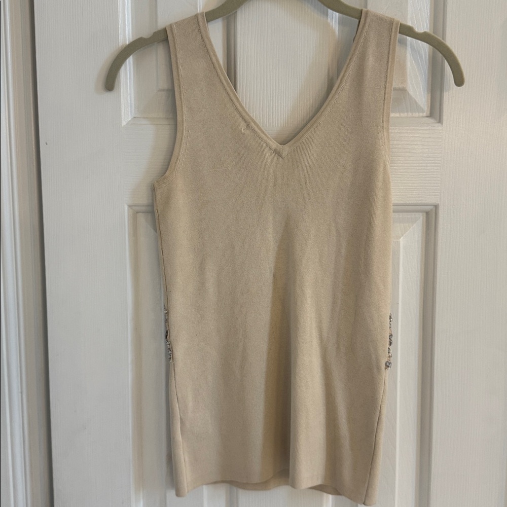 Caché Vintage Cream Silk Blend Very Embellished V-Neck Bodycon Top - Picture 7 of 11